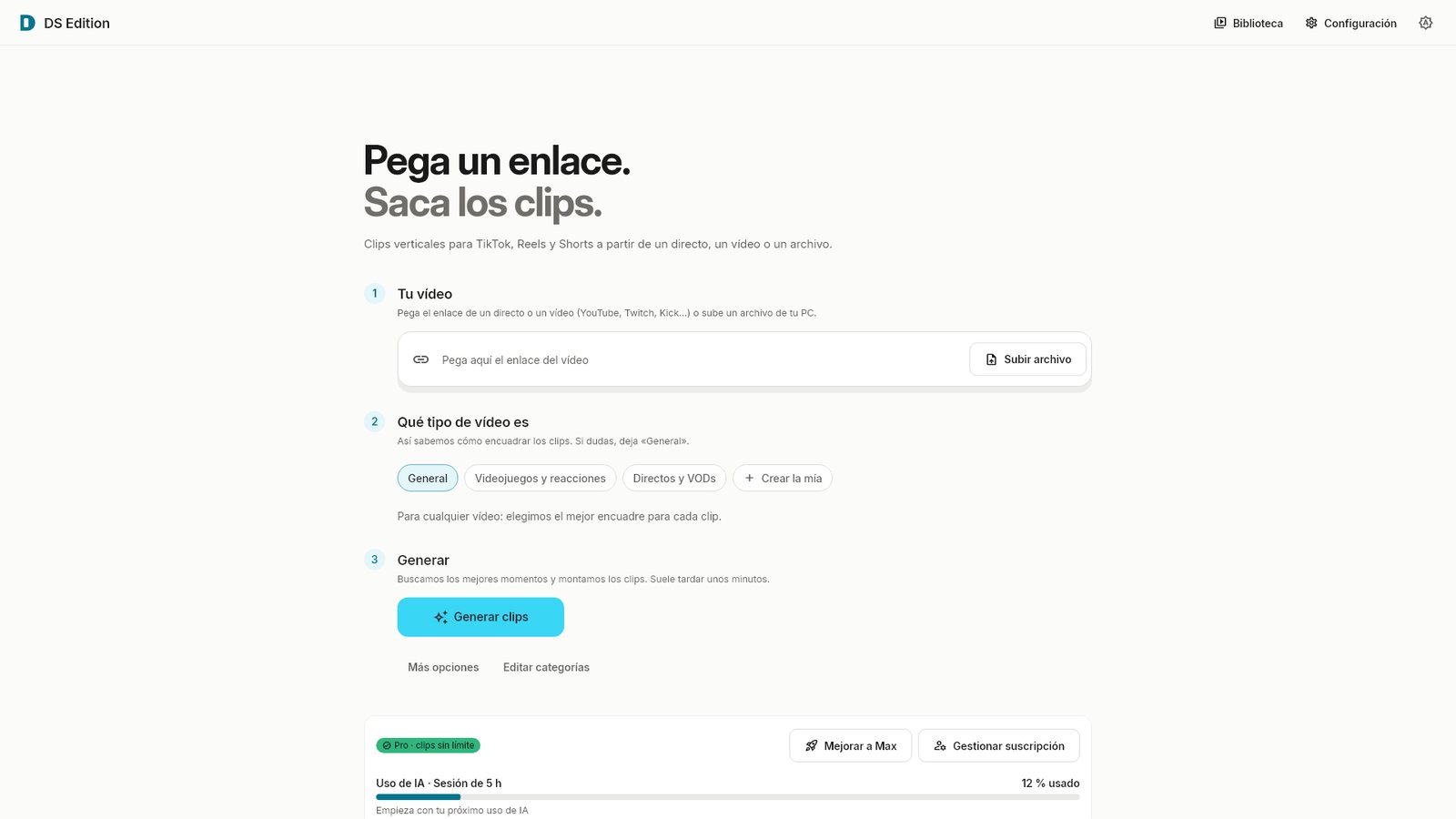 DS Edition: pega el enlace de tu vídeo, elige el tipo y pulsa Generar